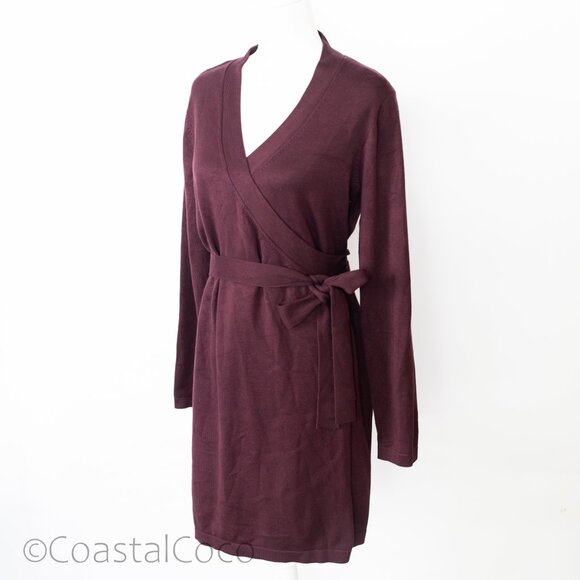 Lulus Literary Lover Plum Burgundy Wrap Sweater Dress L Stretchy Office Comfort - Picture 3 of 10